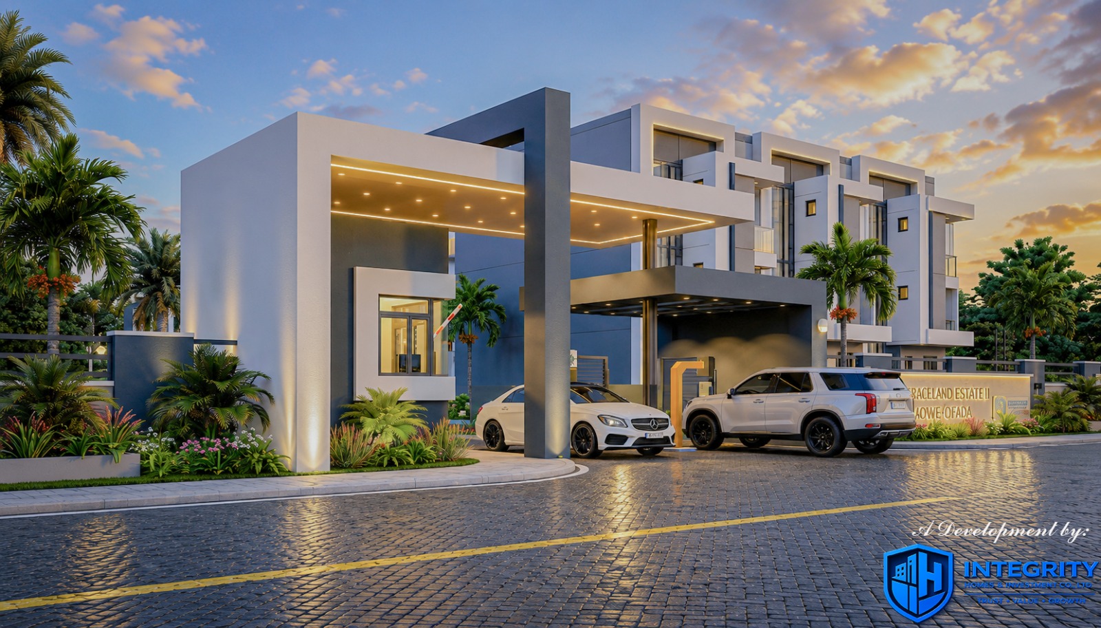 Graceland Estate II entrance and terraced homes at golden hour